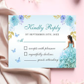 Elegant Blush Blauw Bloemen Quinceañera RSVP Kaartje