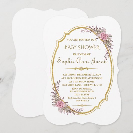 Elegant Blush Bloemen Goud Lijst Baby shower Kaart (Voorkant / Achterkant)