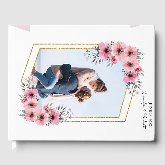 Elegant Blush Bloemen Goud Lijst Foto Bruiloft Gastenboek (Voorkant)