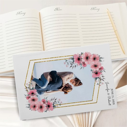 Elegant Blush Bloemen Goud Lijst Foto Bruiloft Gastenboek