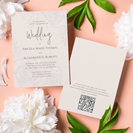 Elegant Blush Bloemen Kalligrafie Script QR Code Kaart