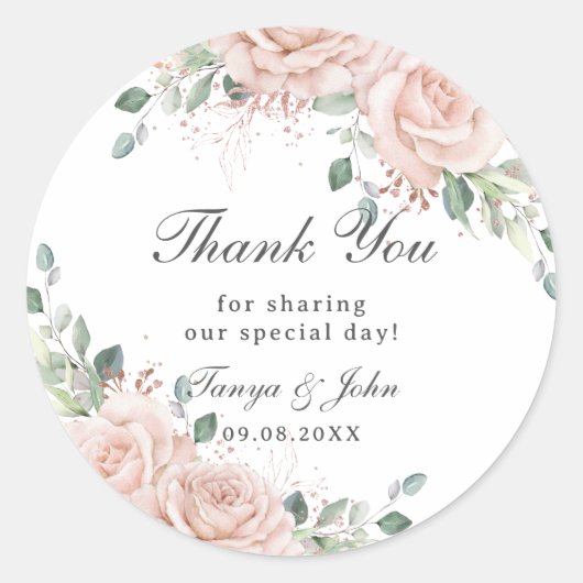 Elegant Blush Bloemen Roos Goud Bruiloft Bruid Ronde Sticker (Voorkant)