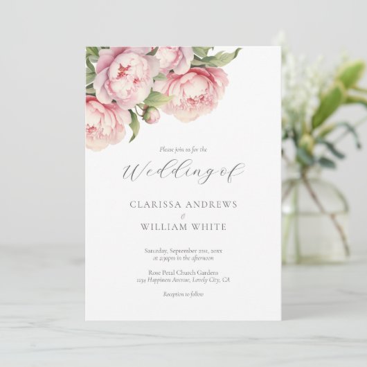 Elegant Blush Bloemen Wit Modern Script Bruiloft Kaart (Staand voorkant)