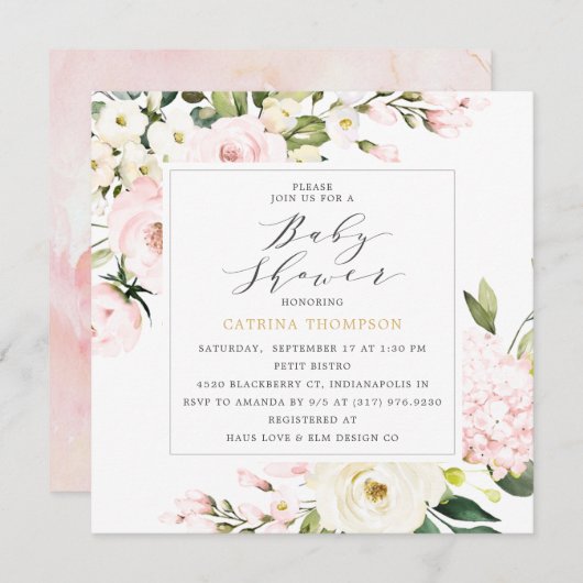 Elegant Blush Bloemengroen Baby shower Kaart (Voorkant / Achterkant)