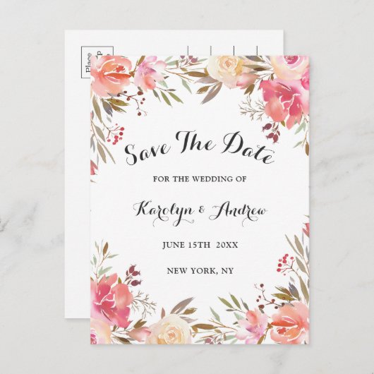 Elegant Blush Bloom Floral Wedding Save the Date Aankondigingskaart (Voorkant / Achterkant)