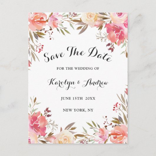 Elegant Blush Bloom Floral Wedding Save the Date Aankondigingskaart (Voorkant)