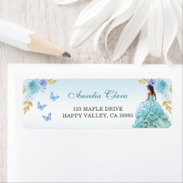 Elegant Blush Blue Bloemen Quinceañera Terug Etiket