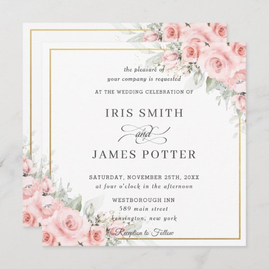 Elegant Blush Bord Roze Bloemen Goud Bruiloft Vier Kaart (Voorkant / Achterkant)