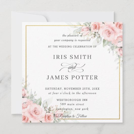 Elegant Blush Bord Roze Bloemen Goud Bruiloft Vier Kaart (Voorkant)
