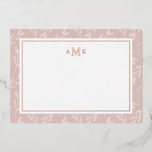 Elegant Blush Botanical Monogramed Folie Note Card Feestdagenkaart