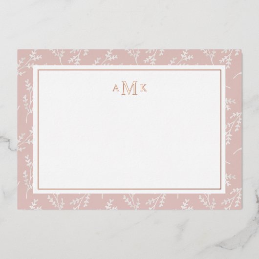 Elegant Blush Botanical Monogramed Folie Note Card Folie Feestdagenkaart (Voorkant)
