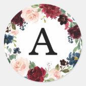 Elegant Blush Bourgogne en Navy Floral Monogram Ronde Sticker (Voorkant)