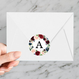 Elegant Blush Bourgogne en Navy Floral Monogram Ronde Sticker