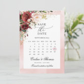 Elegant blush Bourgognige bloemgulden bladeren boh Save The Date (Staand voorkant)