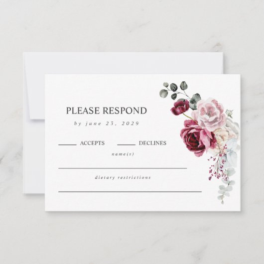 Elegant Blush & Bourgondië Bloemen QR Code RSVP Kaartje (Voorkant)