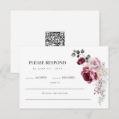 Elegant Blush & Bourgondië Bloemen QR Code RSVP Kaartje (Voorkant / Achterkant)