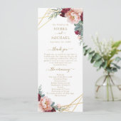 Elegant Blush Bourgondië Floral Gold Bruiloft Programmakaart (Staand voorkant)