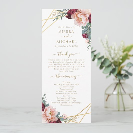 Elegant Blush Bourgondië Floral Gold Bruiloft Programmakaart (Staand voorkant)