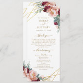 Elegant Blush Bourgondië Floral Gold Bruiloft Programmakaart (Voorkant / Achterkant)