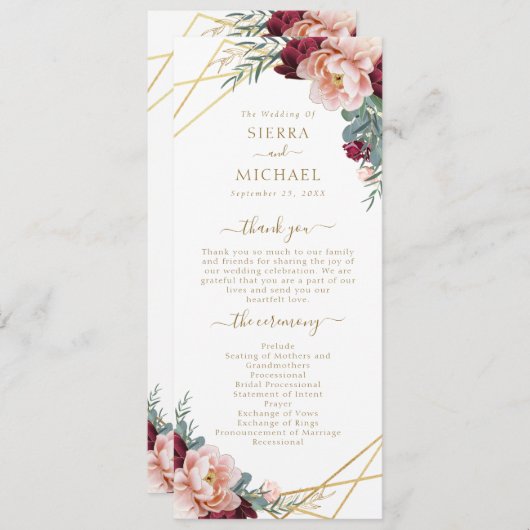 Elegant Blush Bourgondië Floral Gold Bruiloft Programmakaart (Voorkant / Achterkant)