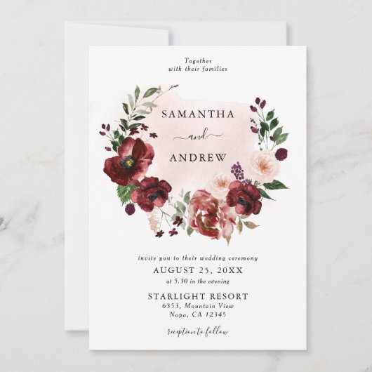 Elegant Blush Bourgondië Floral krans bruiloft Kaart (Voorkant)