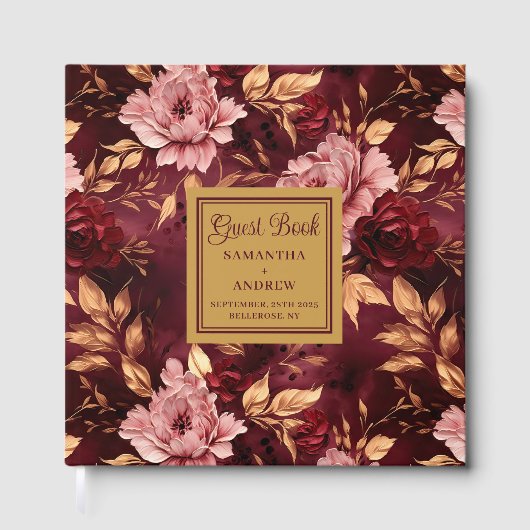 Elegant Blush Bourgondië Goud Bloemen Bruiloft Gastenboek (Voorkant)