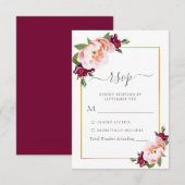 Elegant Blush Bourgondië Goud Bloemen Bruiloft RSVP Kaartje (Voorkant / Achterkant)