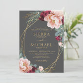 Elegant Blush Bourgondië Grijs Goud Peony Bruiloft Kaart (Staand voorkant)