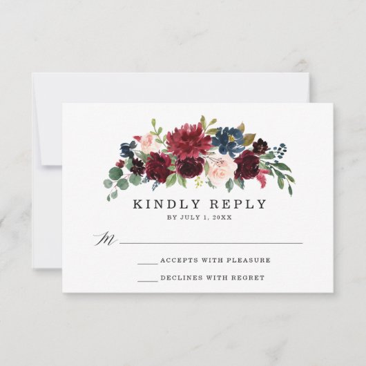 Elegant Blush Bourgondië Navy Bloemen Bruiloft RSVP Kaartje (Voorkant)