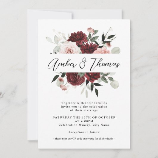 Elegant Blush Burgundy & Blush Floral Wedding Kaart (Voorkant)