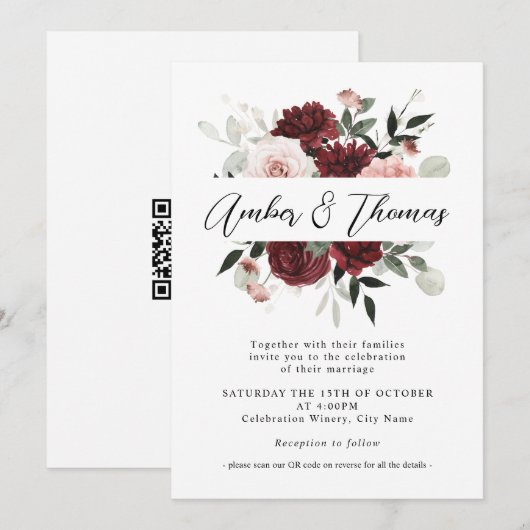 Elegant Blush Burgundy & Blush Floral Wedding Kaart (Voorkant / Achterkant)