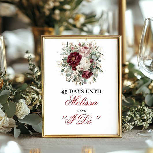 Elegant Blush Burgundy Countdown Bord Bruidsfeest Poster