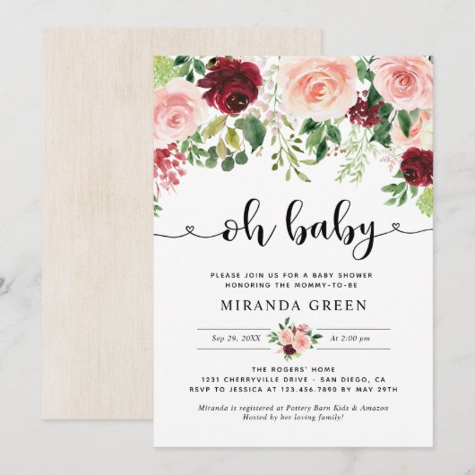 Elegant Blush Burgundy Floral Baby shower Kaart (Voorkant / Achterkant)