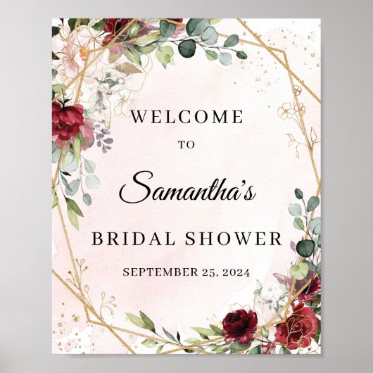 Elegant blush burgundy floral gold welkomstteken poster (Voorkant)