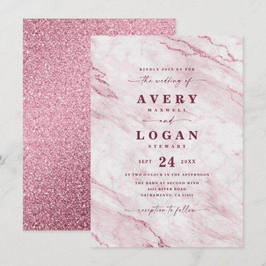 Elegant Blush & Burgundy Marble & Glitter Wedding Kaart (Voorkant / Achterkant)