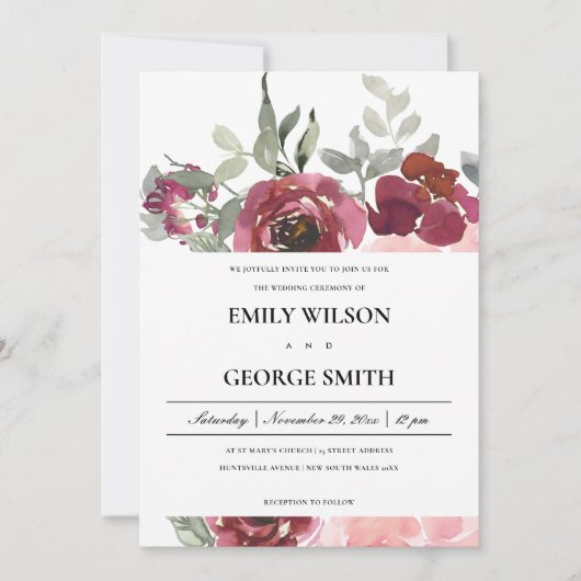 ELEGANT BLUSH BURGUNDY ROOS FLORAL WEDDING INVITE BEDANKKAART (Voorkant)