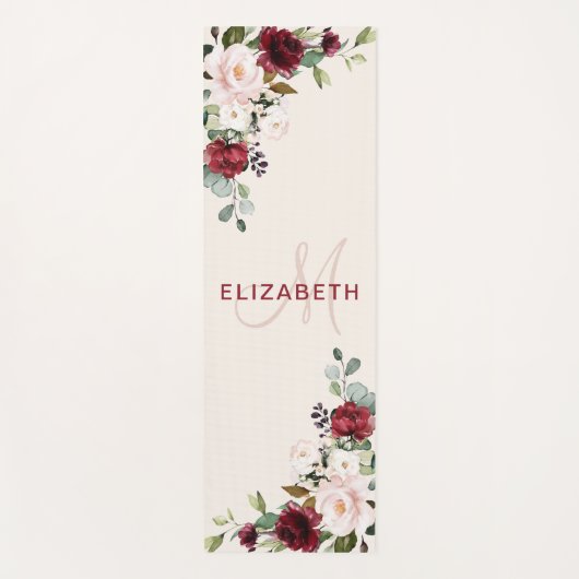 Elegant Blush Burgundy Waterverf Floral Monogram Yogamat (Voorkant)