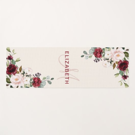 Elegant Blush Burgundy Waterverf Floral Monogram Yogamat (Voorkant (horizontaal))