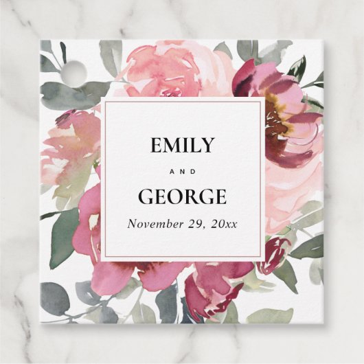 ELEGANT BLUSH BURGUNDY WATERVERF FLORAL WEDING BEDANKJES LABELS (Voorkant)