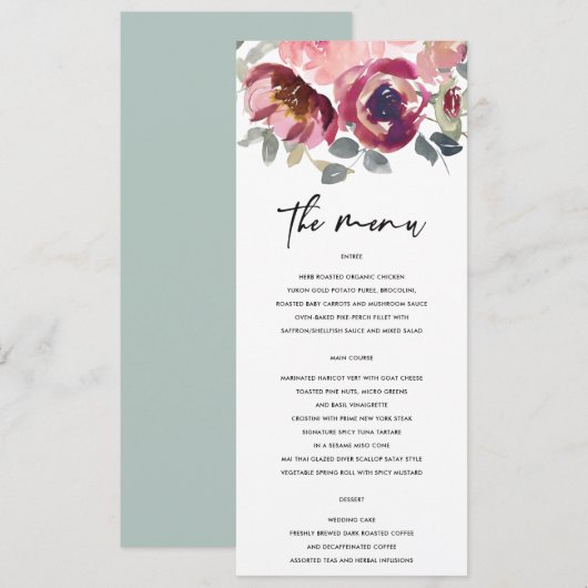 ELEGANT BLUSH BURGUNDY WATERVERF FLORAL WEDING MENU (Voorkant / Achterkant)
