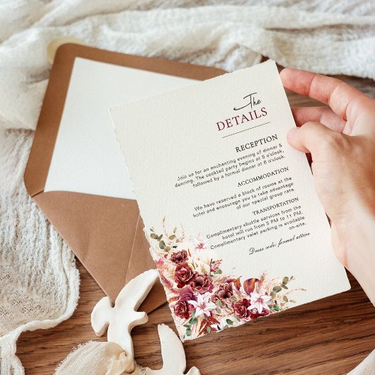 Elegant Blush & Burgundy Wedding Information Card Informatiekaartje