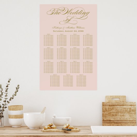 Elegant Blush Calligraphy Wedding Seding Chart Poster (Keuken)