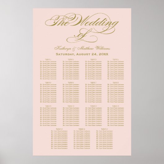 Elegant Blush Calligraphy Wedding Seding Chart Poster (Voorkant)