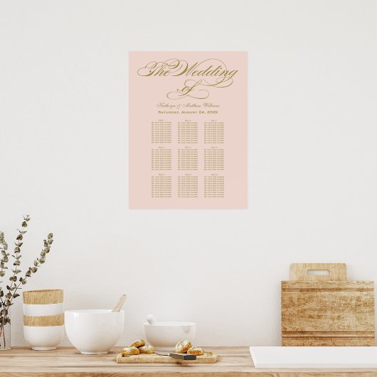 Elegant Blush Calligraphy Wedding Seding Chart Poster (Keuken)