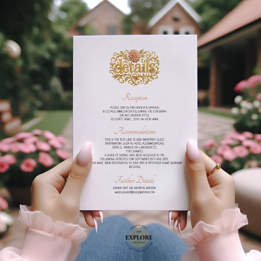 Elegant Blush Dahlias Golden Script Wedding Informatiekaartje