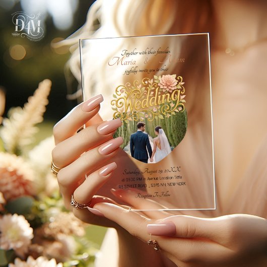 Elegant Blush Dahlias Golden Script Wedding Photo Acryl Uitnodigingen