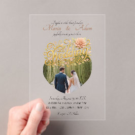 Elegant Blush Dahlias Golden Script Wedding Photo Acryl Uitnodigingen