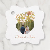 Elegant Blush Dahlias Golden Script Wedding Photo Bedankjes Labels (Voorkant)