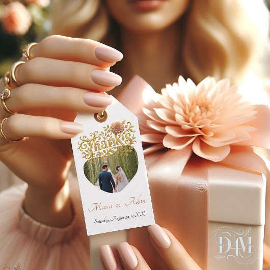 Elegant Blush Dahlias Golden Script Wedding Photo Cadeaulabel