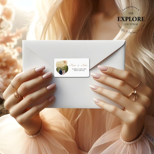 Elegant Blush Dahlias Golden Script Wedding Photo Etiket